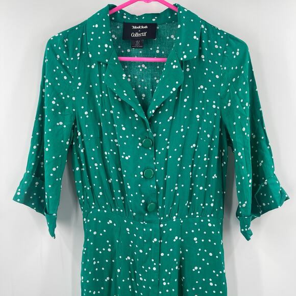 MODCLOTH X COLLECTIF Jumpsuit Size 2 Green Dots Retro Pinup Away You Go Vintage - Picture 5 of 14